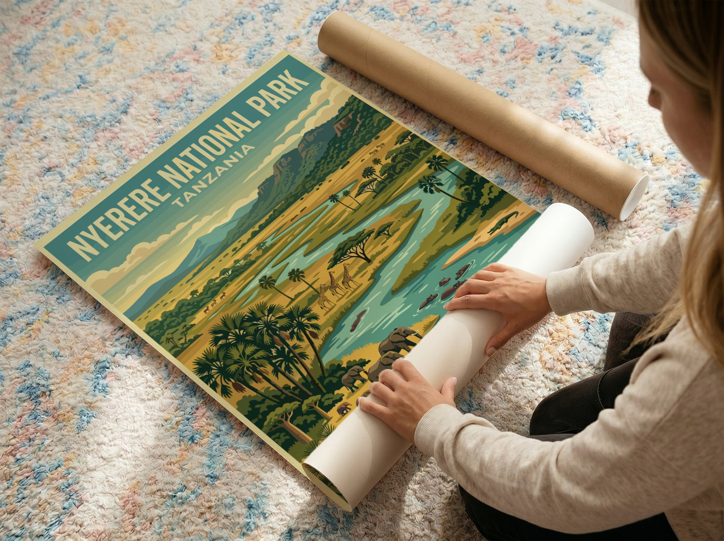 Nyerere National Park poster featuring elephants and vibrant landscape in green and blue tones