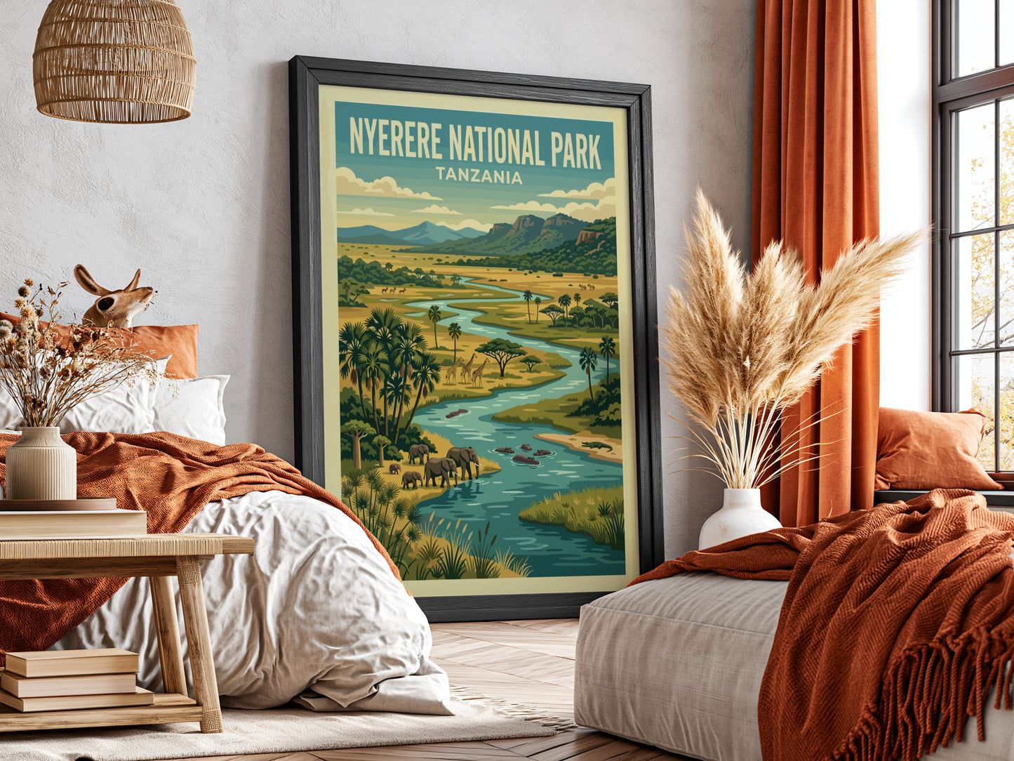 Nyerere National Park poster featuring elephants and vibrant landscape in green and blue tones