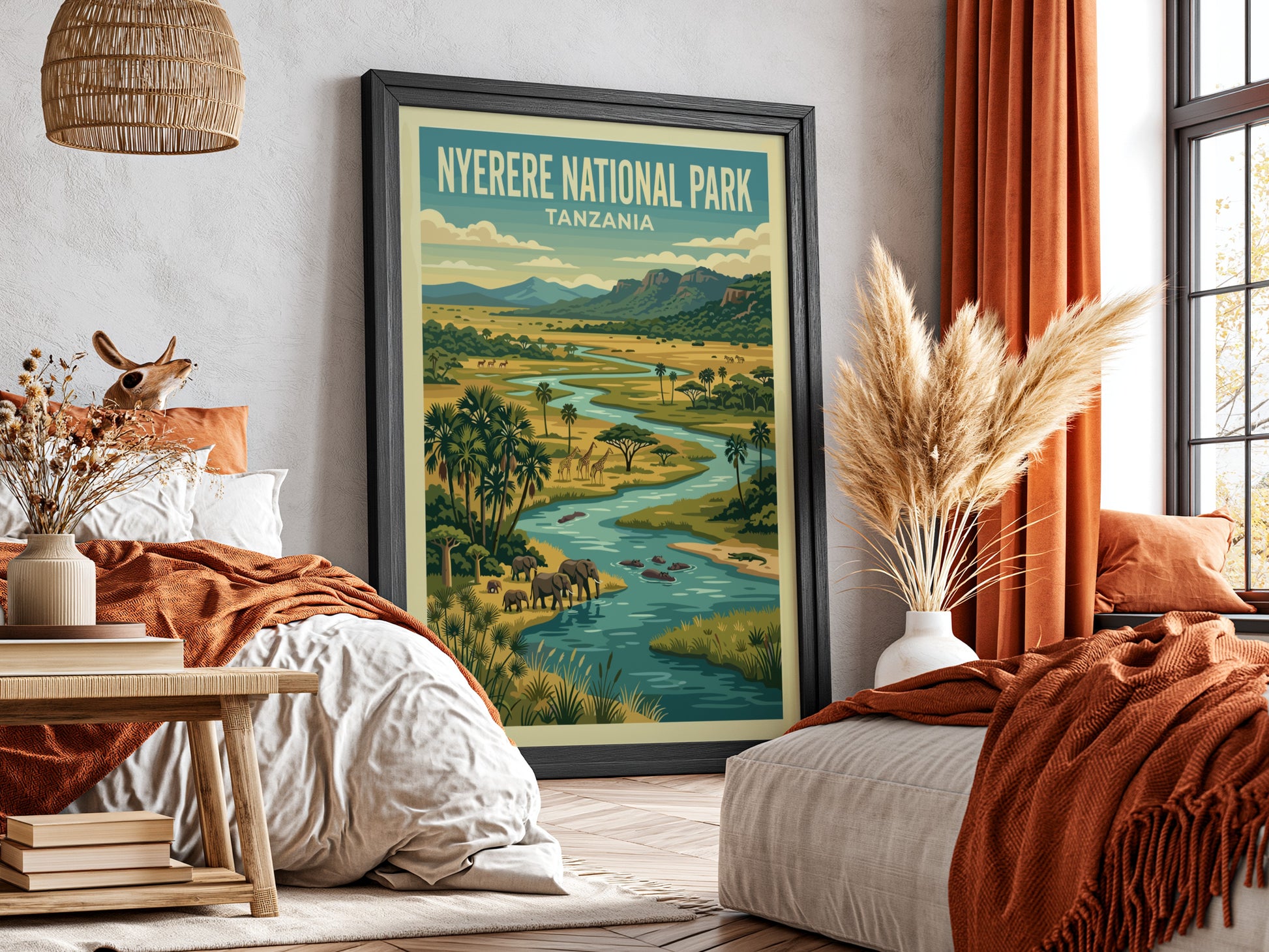 Nyerere National Park poster featuring elephants and vibrant landscape in green and blue tones