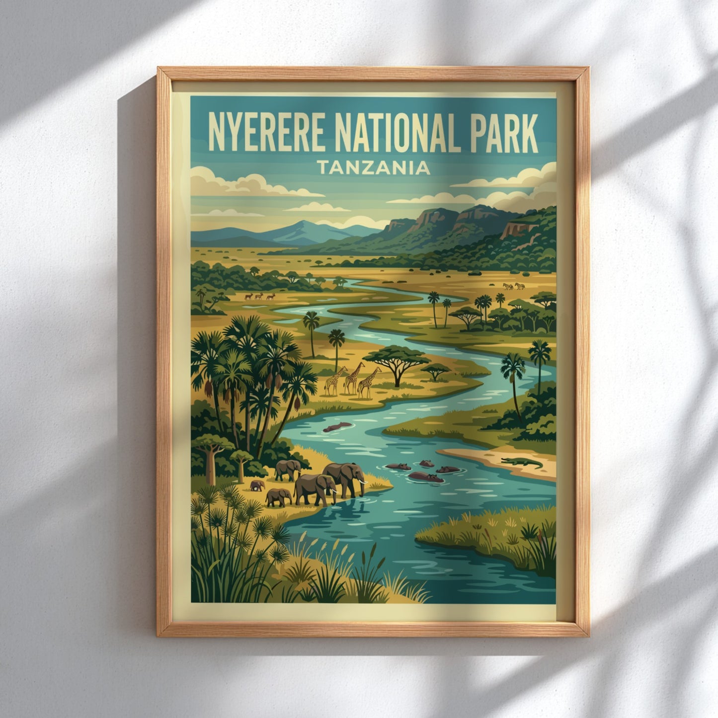 Nyerere National Park poster featuring elephants and vibrant landscape in green and blue tones