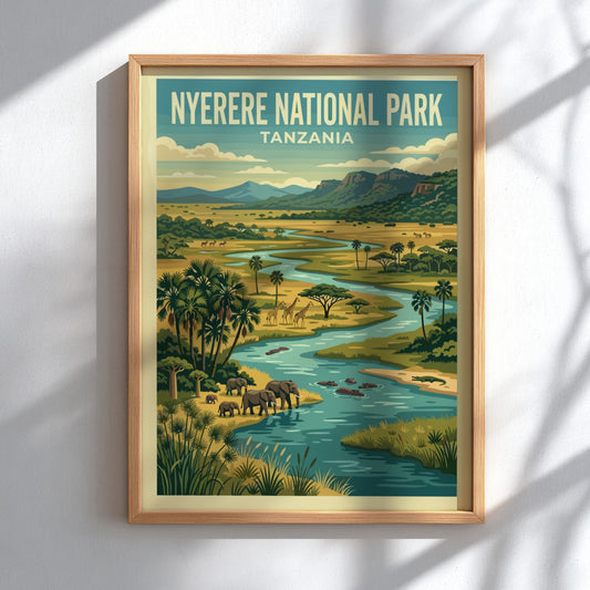 Nyerere National Park poster featuring elephants and vibrant landscape in green and blue tones