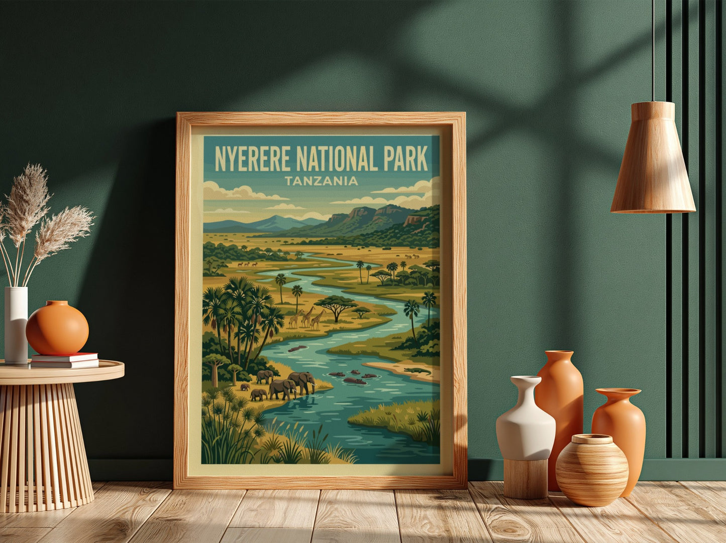 Nyerere National Park poster featuring elephants and vibrant landscape in green and blue tones