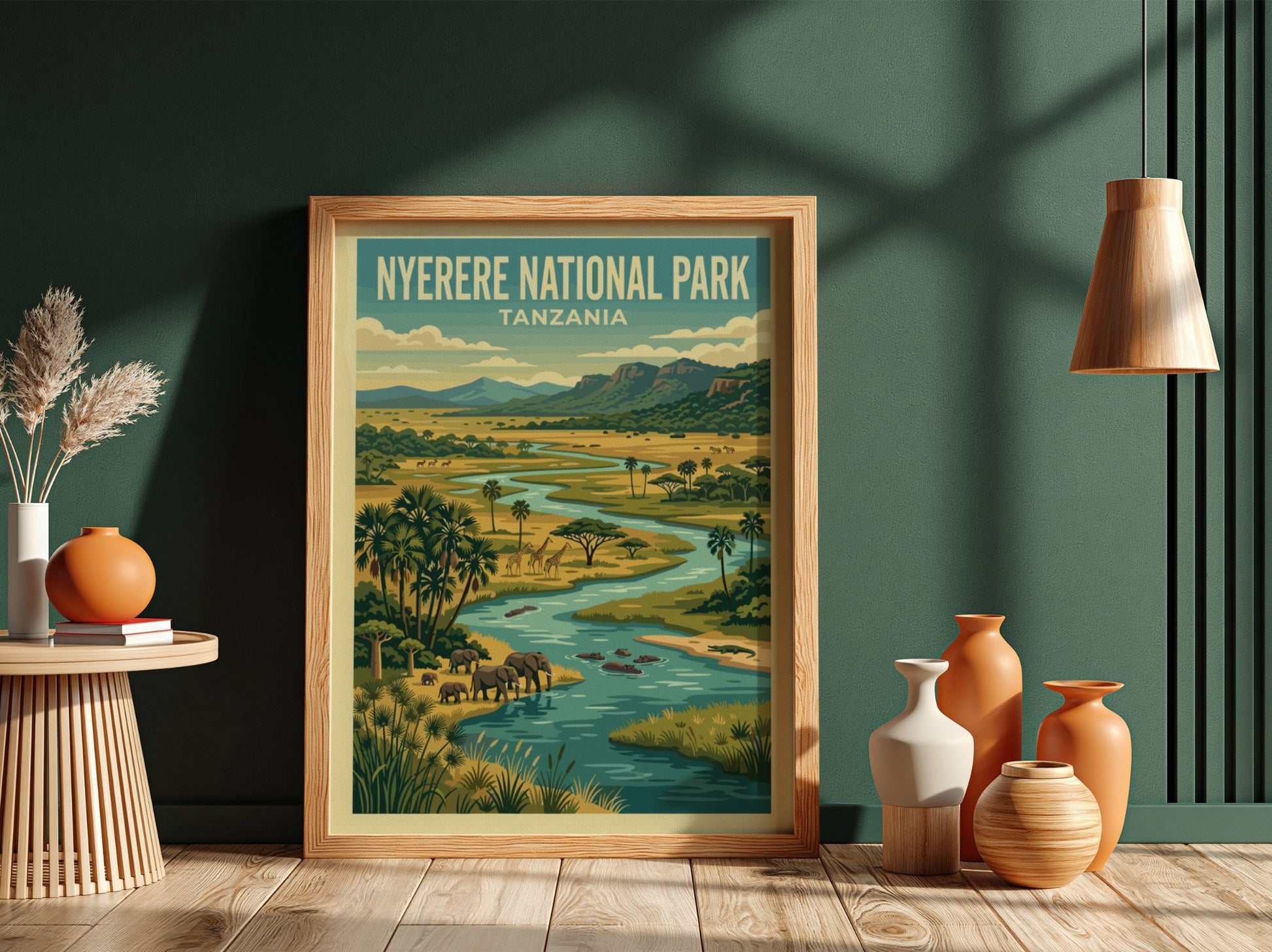 Nyerere National Park poster featuring elephants and vibrant landscape in green and blue tones