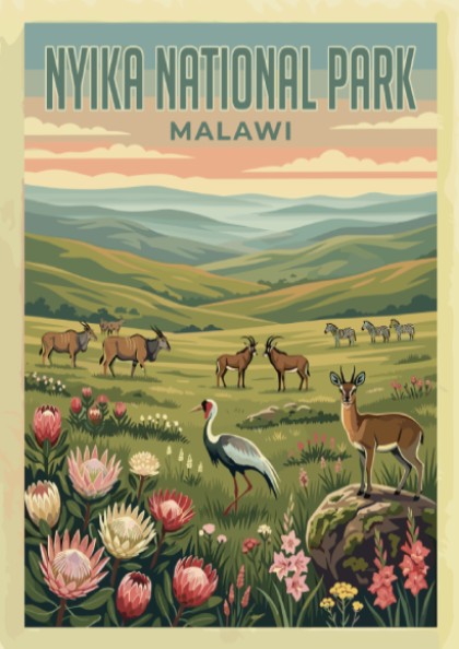 Nyika National Park poster featuring wildlife and vibrant colors, nature-inspired wall decor