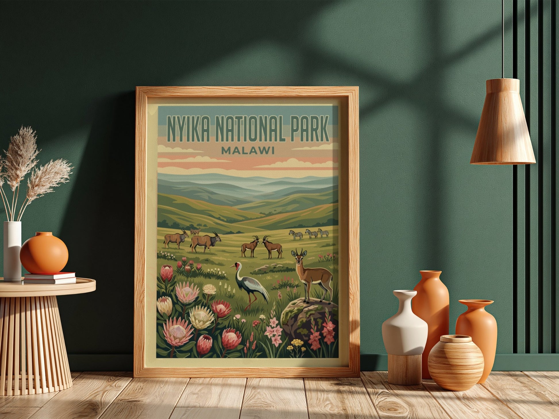 Nyika National Park poster featuring wildlife and vibrant colors, nature-inspired wall decor