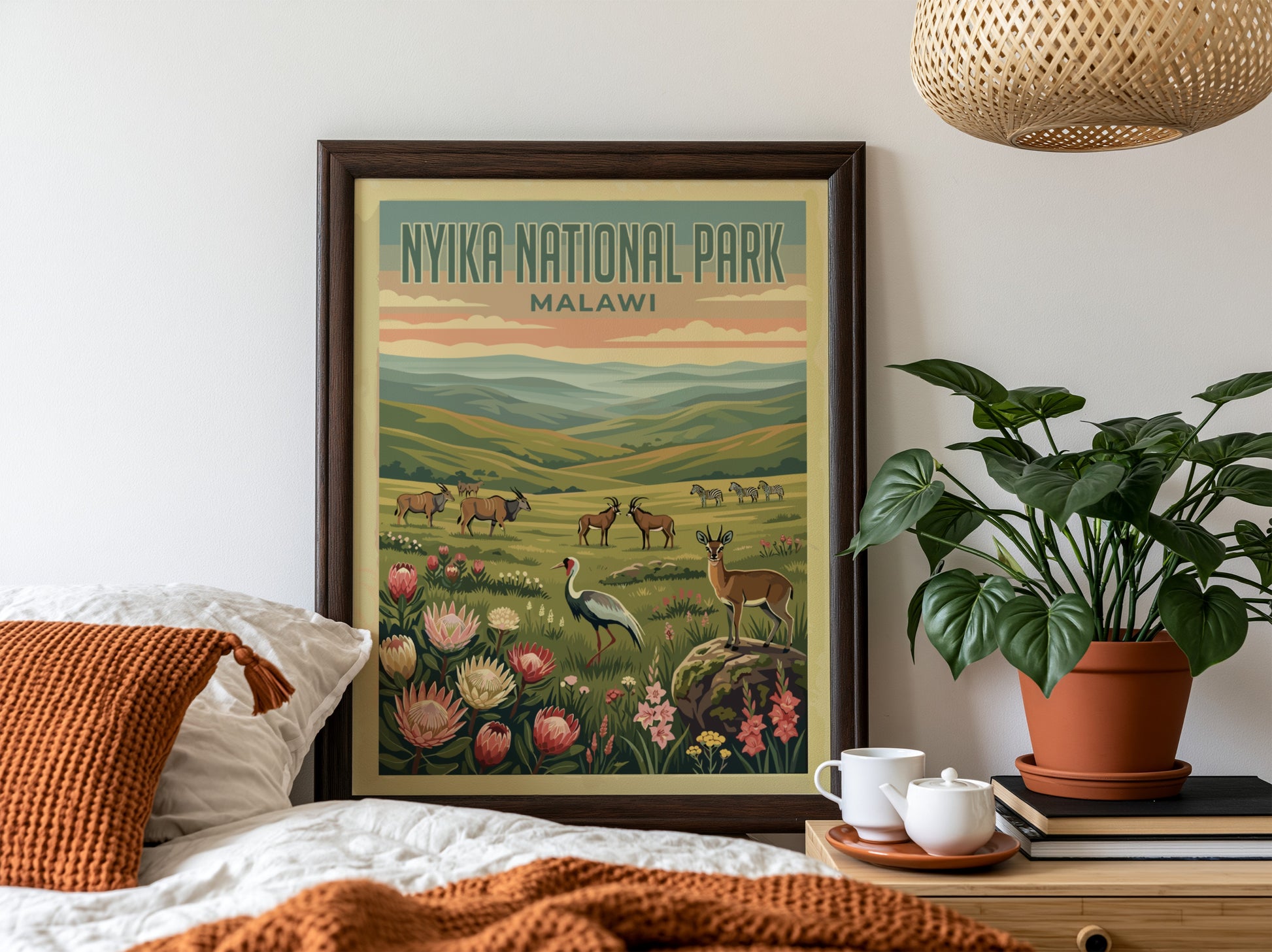 Nyika National Park poster featuring wildlife and vibrant colors, nature-inspired wall decor