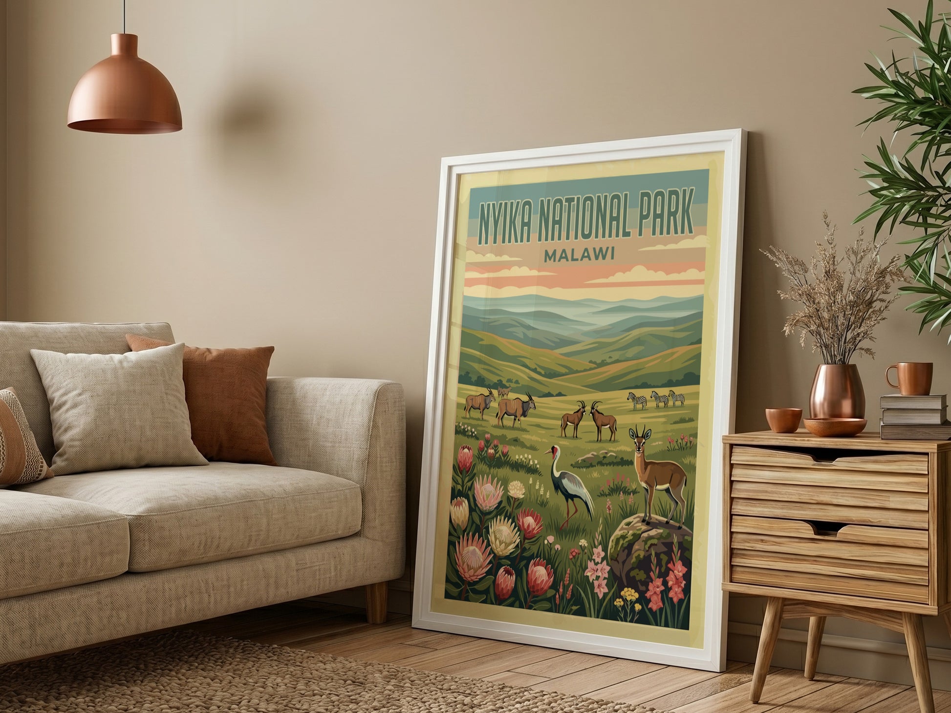Nyika National Park poster featuring wildlife and vibrant colors, nature-inspired wall decor