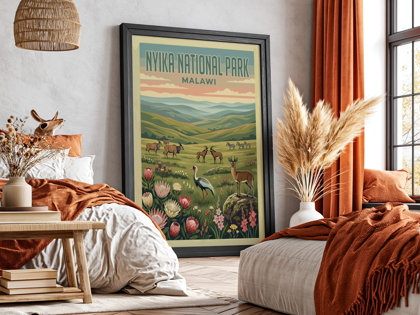 Nyika National Park poster featuring wildlife and vibrant colors, nature-inspired wall decor