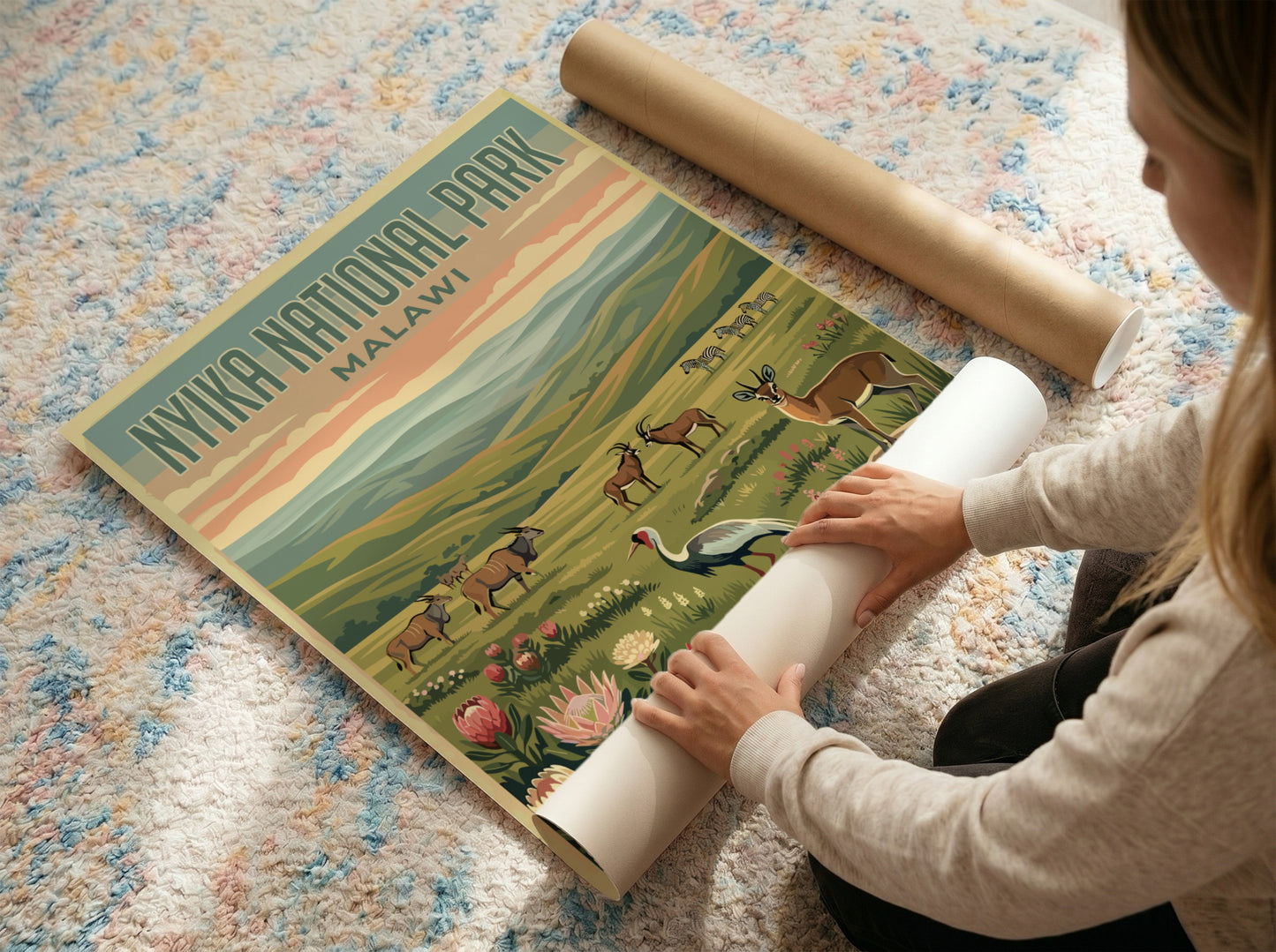 Nyika National Park poster featuring wildlife and vibrant colors, nature-inspired wall decor