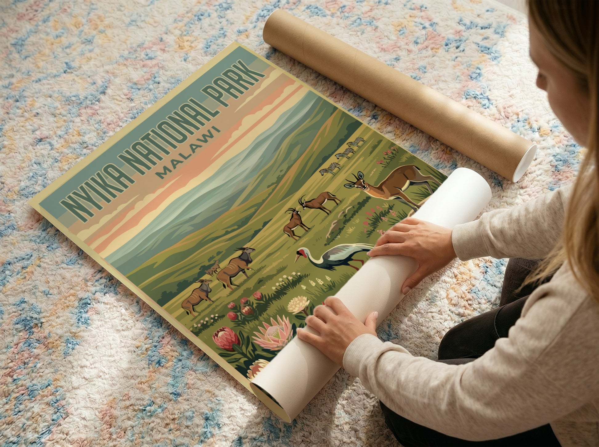 Nyika National Park poster featuring wildlife and vibrant colors, nature-inspired wall decor