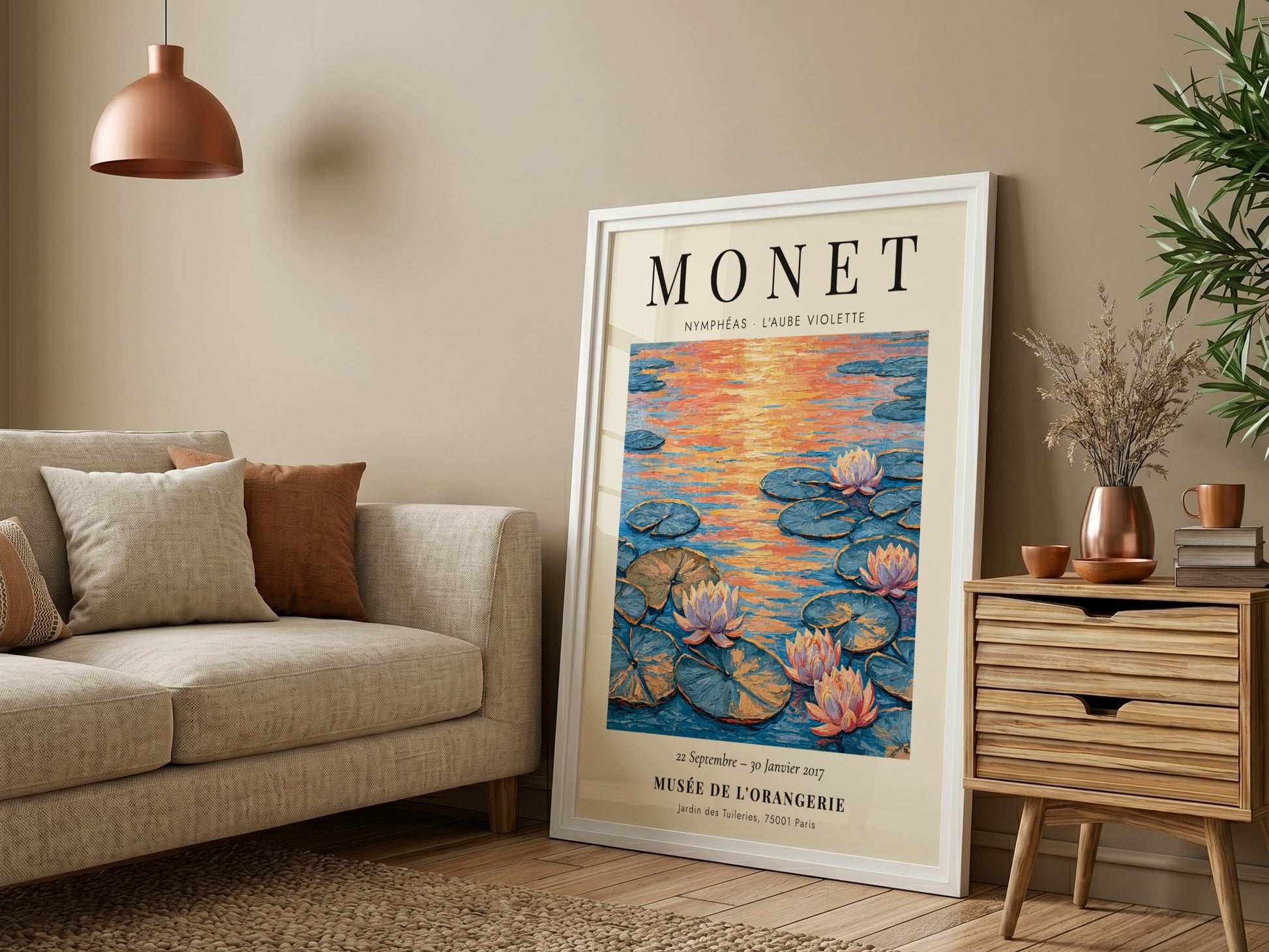 Monet inspired poster featuring L'Aube Violette with soft violet hues and lily pads