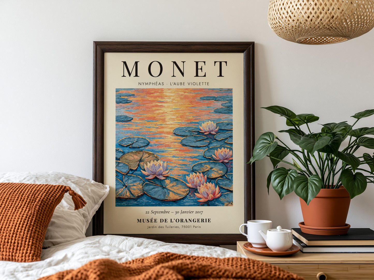 Monet inspired poster featuring L'Aube Violette with soft violet hues and lily pads