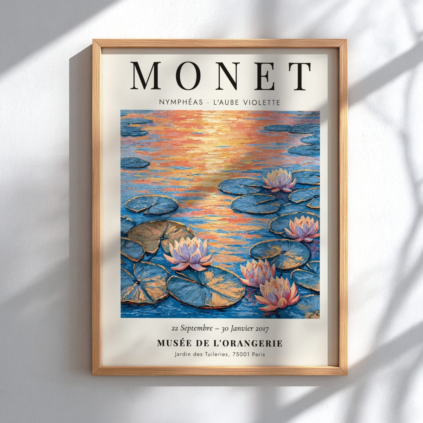 Monet inspired poster featuring L'Aube Violette with soft violet hues and lily pads