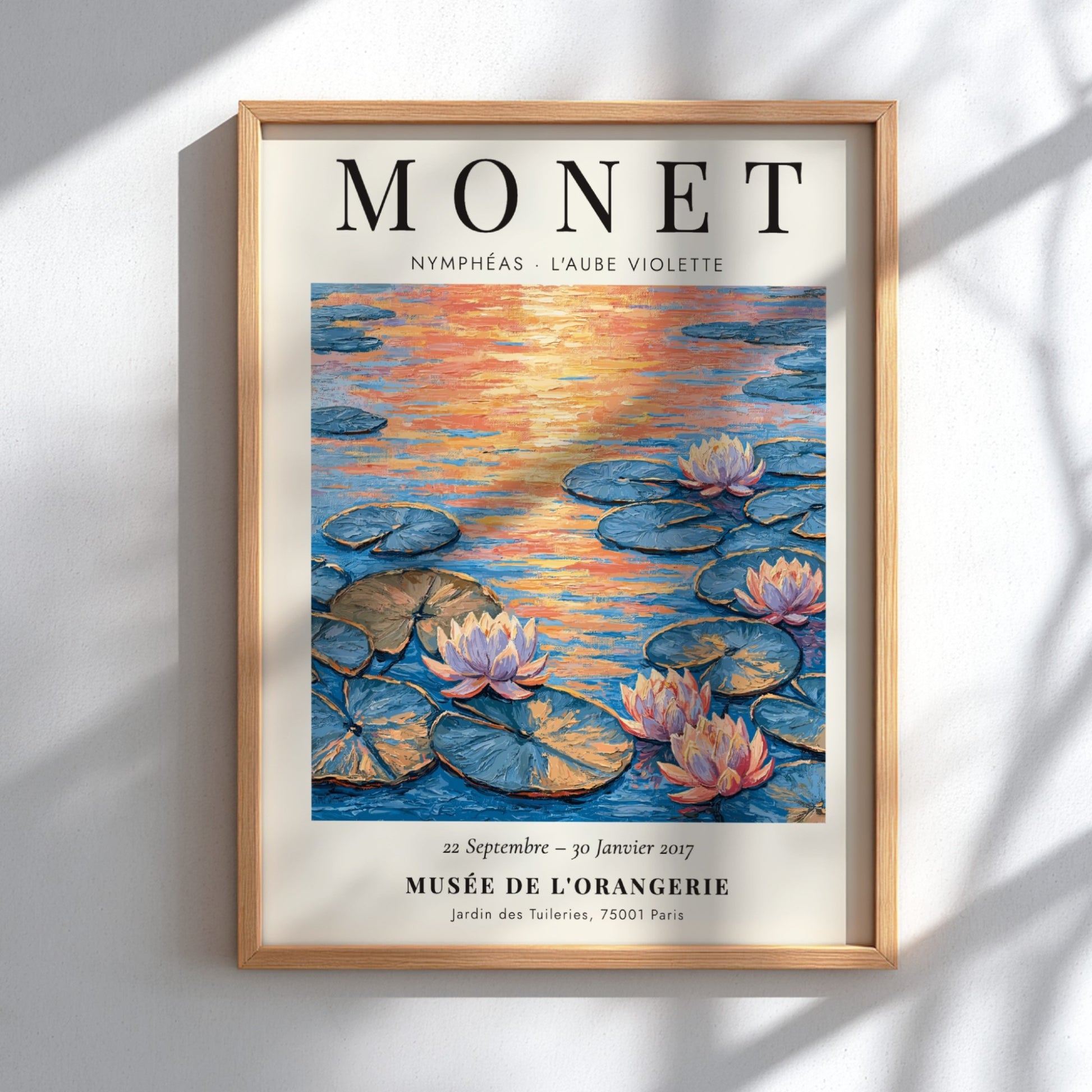 Monet inspired poster featuring L'Aube Violette with soft violet hues and lily pads