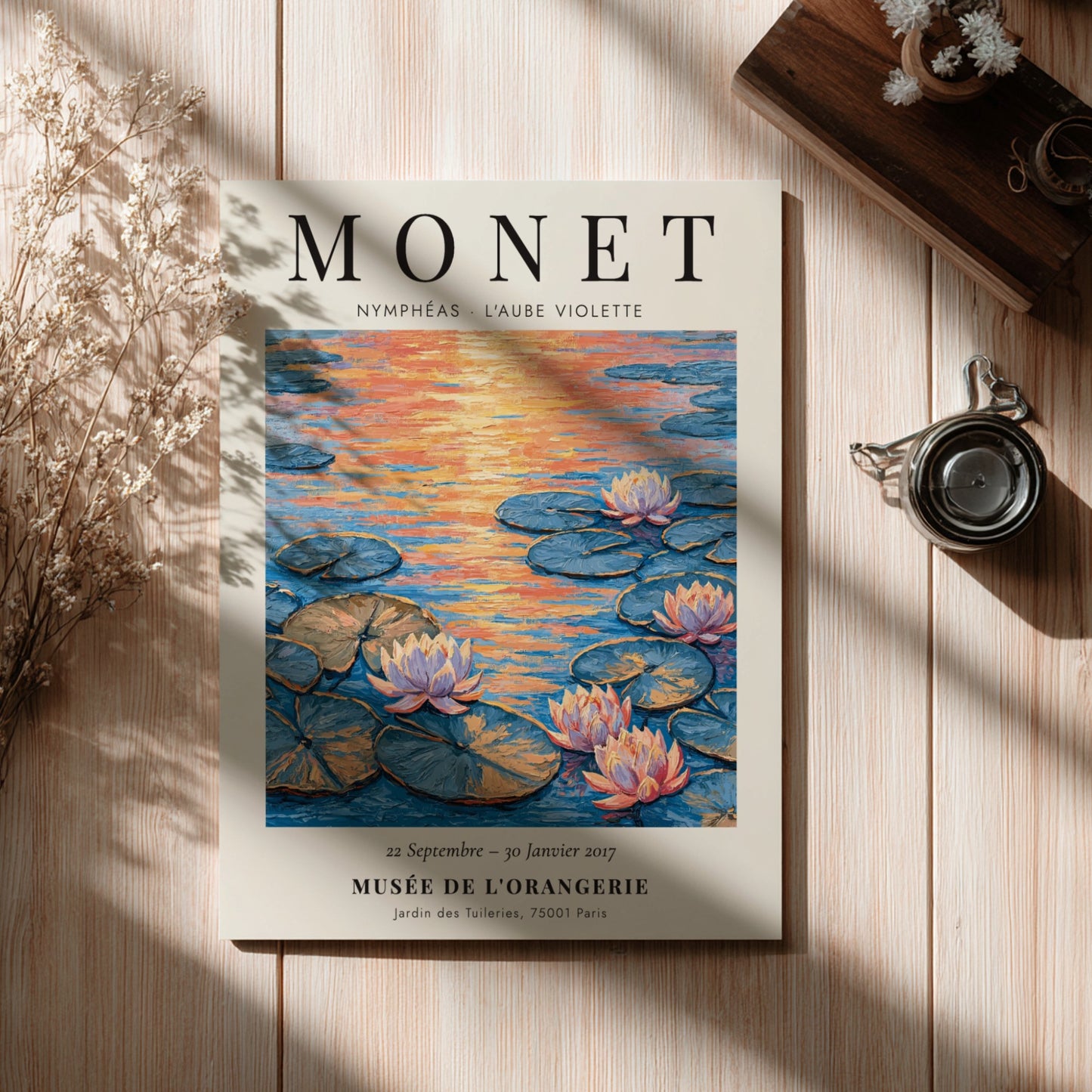 Monet inspired poster featuring L'Aube Violette with soft violet hues and lily pads