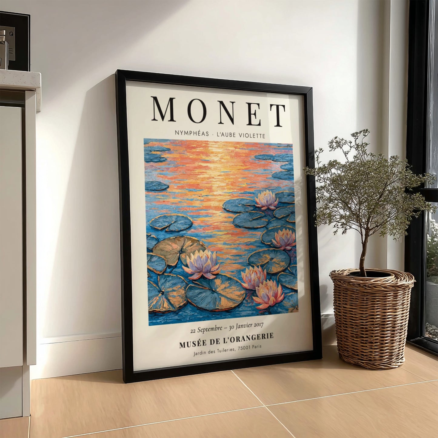 Monet inspired poster featuring L'Aube Violette with soft violet hues and lily pads