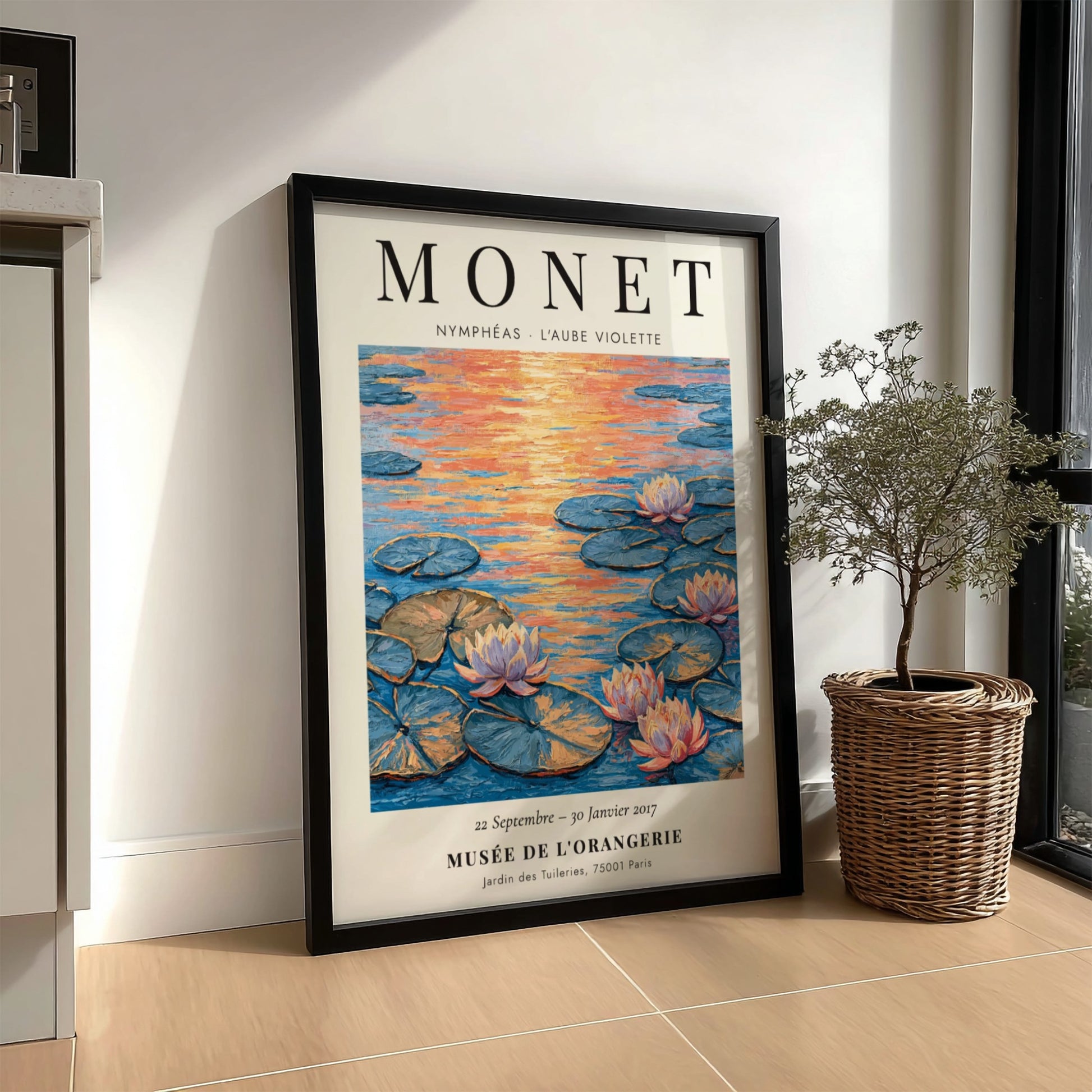 Monet inspired poster featuring L'Aube Violette with soft violet hues and lily pads