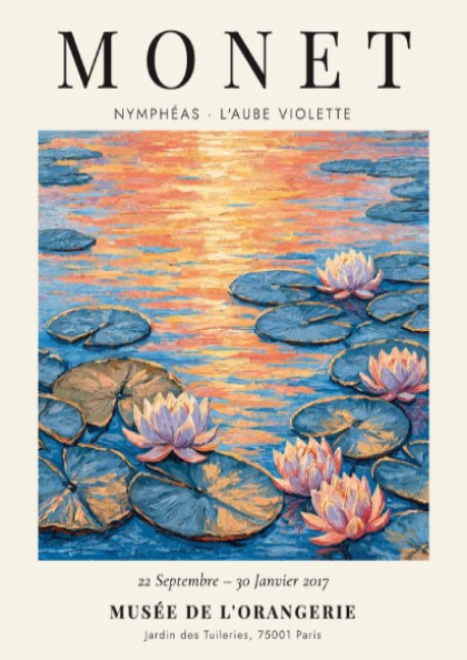 Monet inspired poster featuring L'Aube Violette with soft violet hues and lily pads