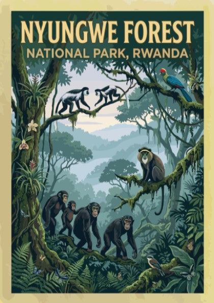 Nyungwe Forest poster featuring monkeys and lush greenery in vibrant colors, perfect for nature lovers and