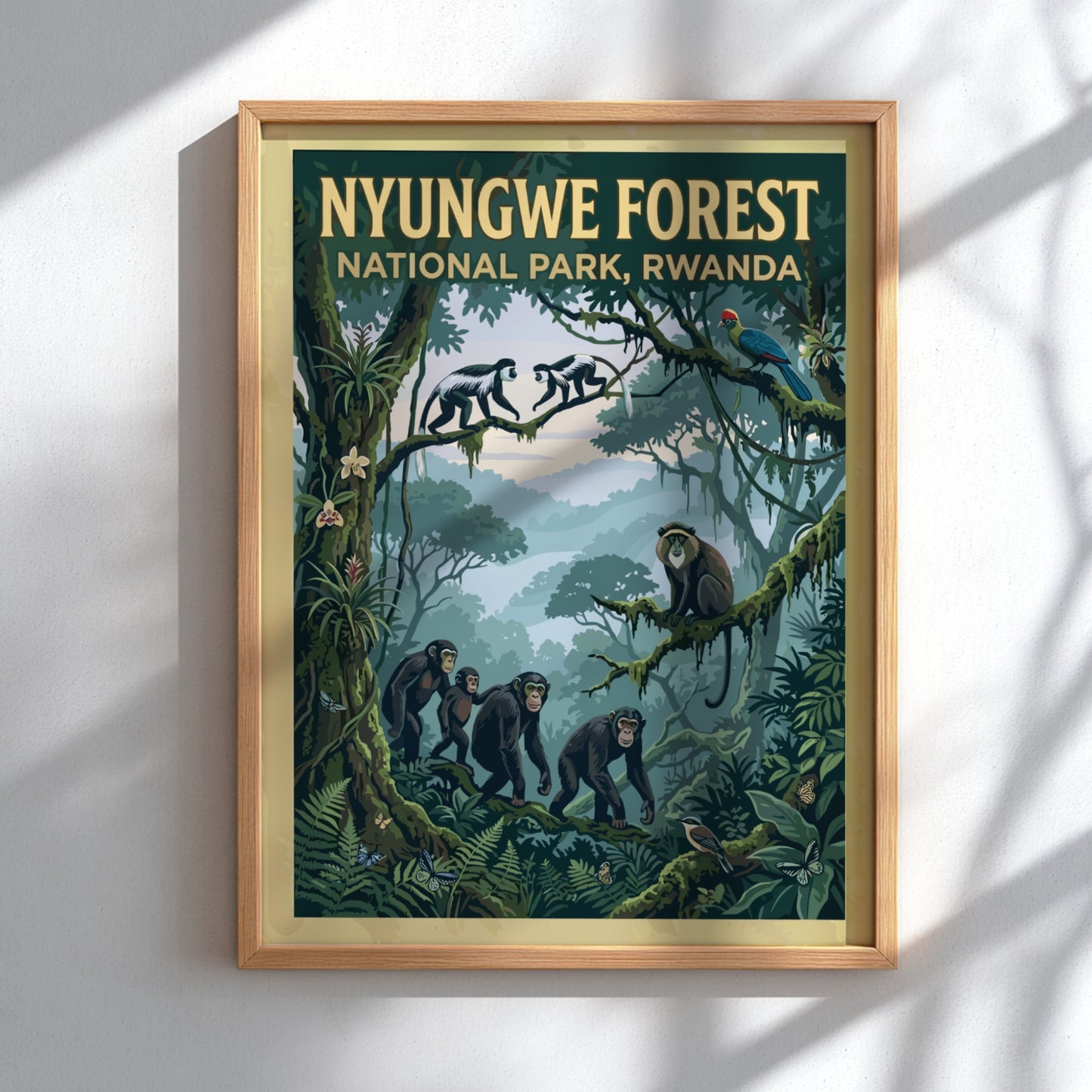 Nyungwe Forest poster featuring monkeys and lush greenery in vibrant colors, perfect for nature lovers and