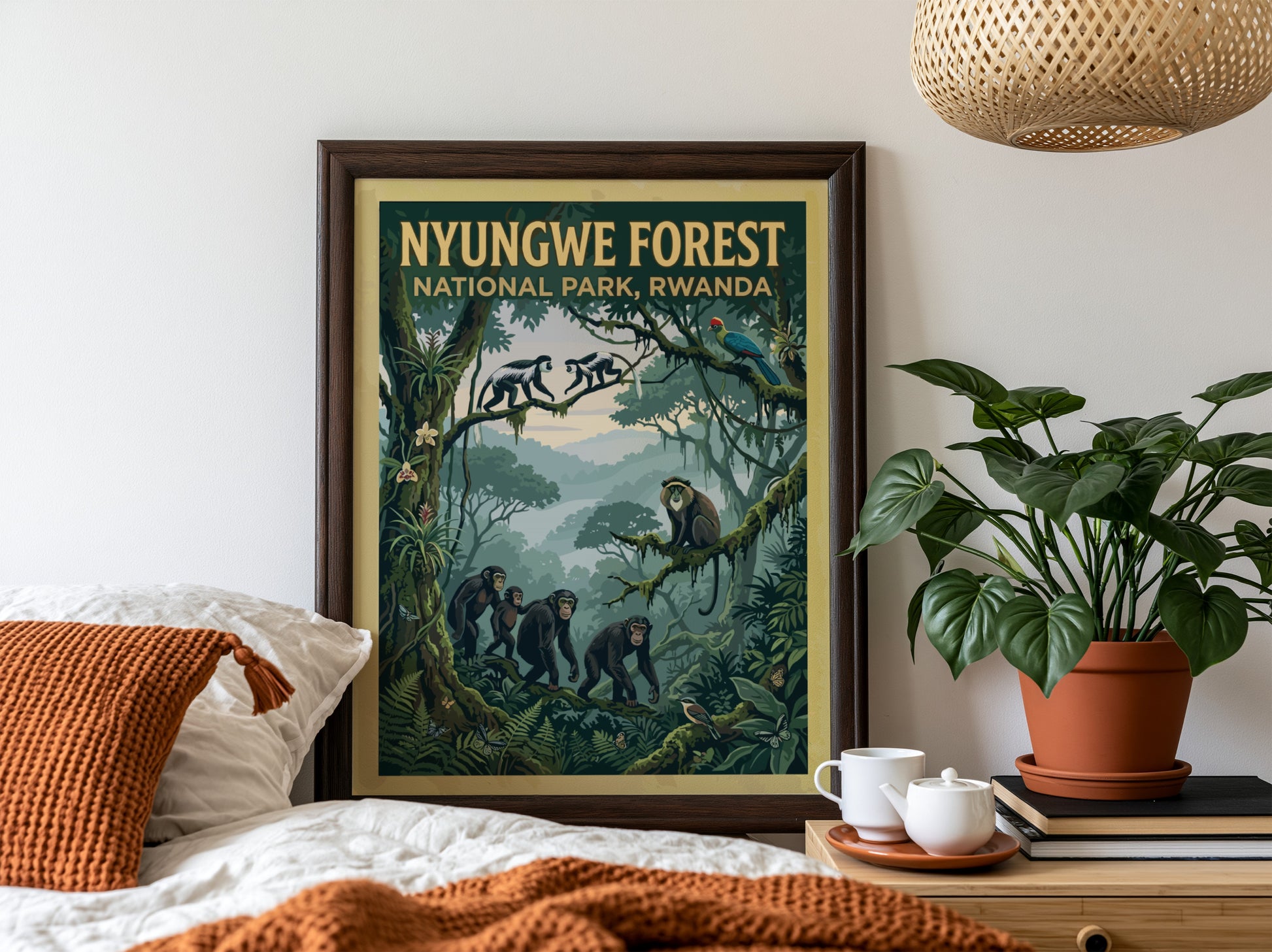 Nyungwe Forest poster featuring monkeys and lush greenery in vibrant colors, perfect for nature lovers and