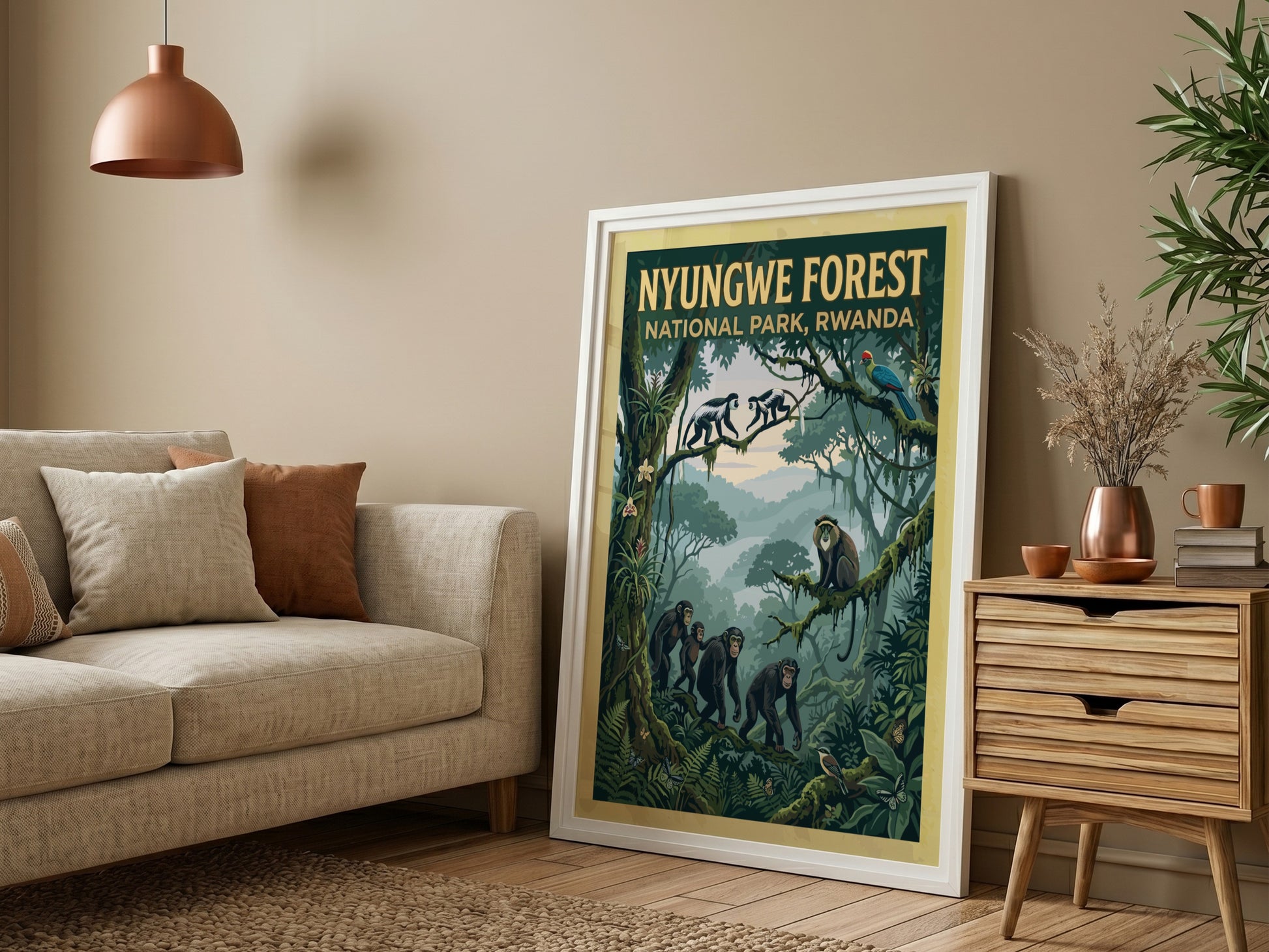 Nyungwe Forest poster featuring monkeys and lush greenery in vibrant colors, perfect for nature lovers and