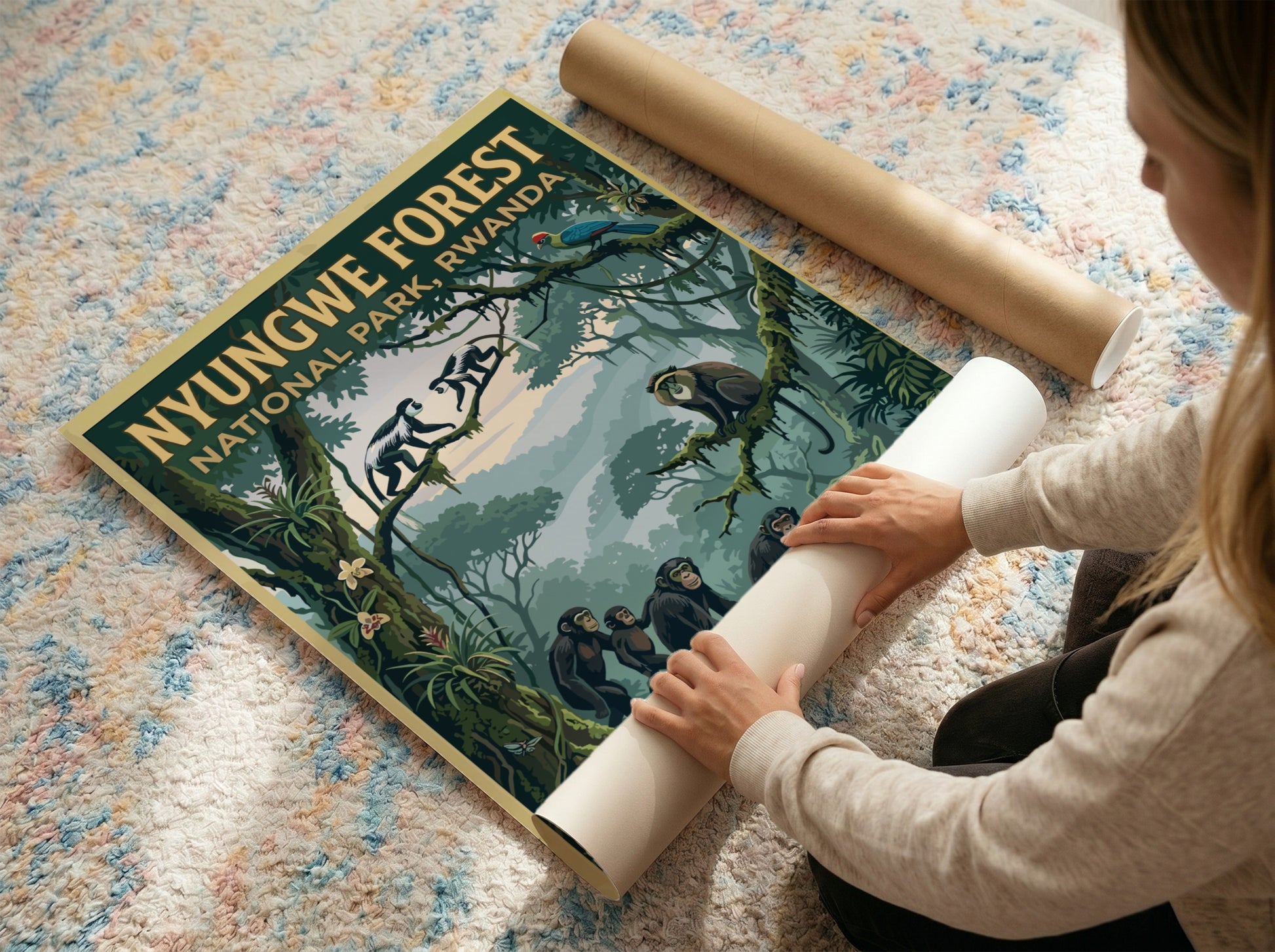 Nyungwe Forest poster featuring monkeys and lush greenery in vibrant colors, perfect for nature lovers and