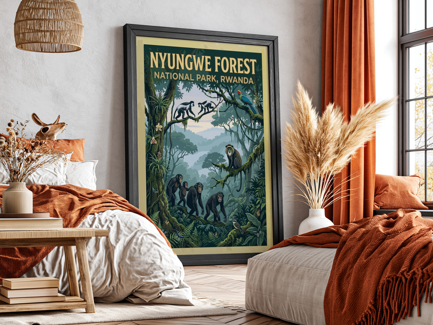 Nyungwe Forest poster featuring monkeys and lush greenery in vibrant colors, perfect for nature lovers and