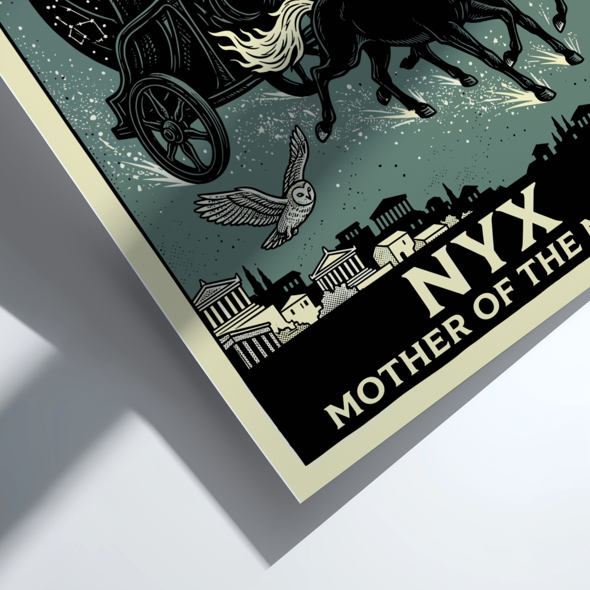 Nyx Greek mythology poster featuring the goddess of night in a chariot with constellations and celestial