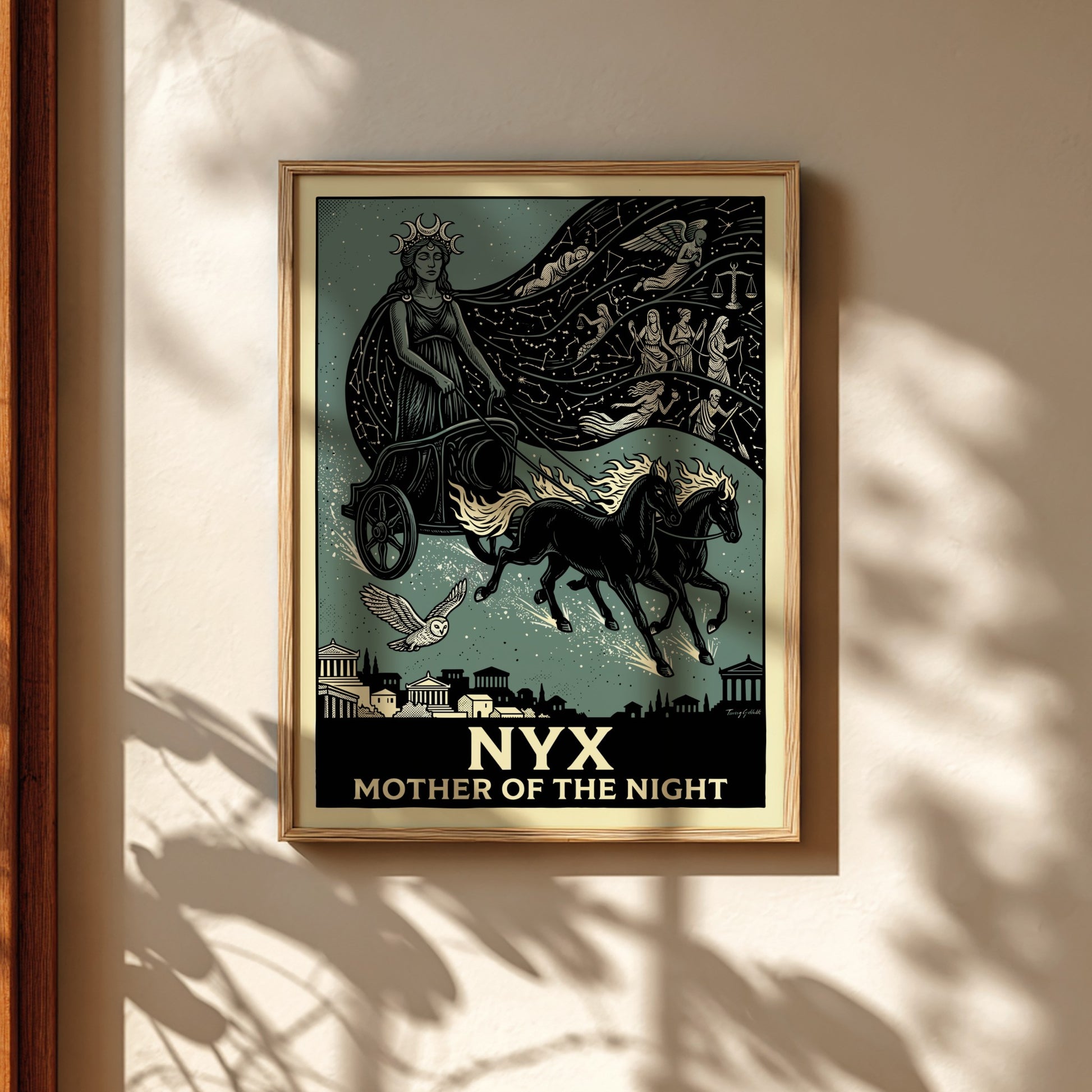Nyx Greek mythology poster featuring the goddess of night in a chariot with constellations and celestial
