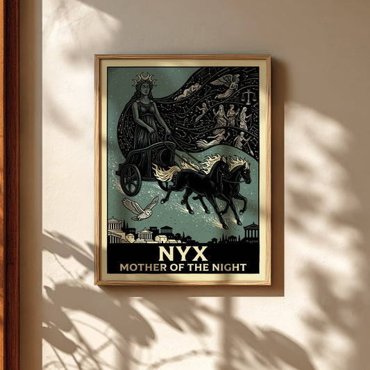 Nyx Greek mythology poster featuring the goddess of night in a chariot with constellations and celestial