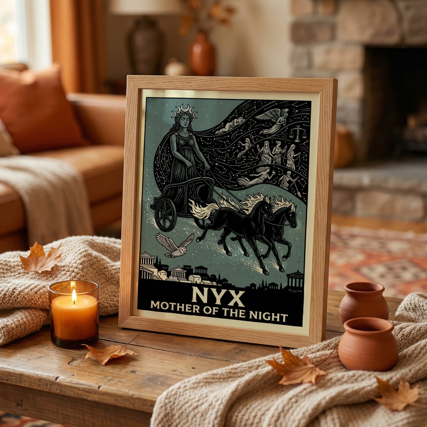 Nyx Greek mythology poster featuring the goddess of night in a chariot with constellations and celestial