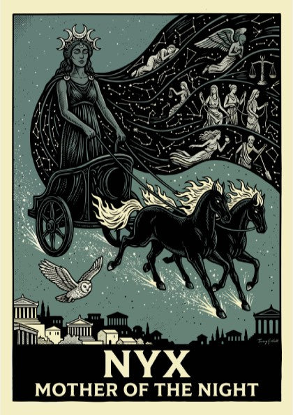 Nyx Greek mythology poster featuring the goddess of night in a chariot with constellations and celestial