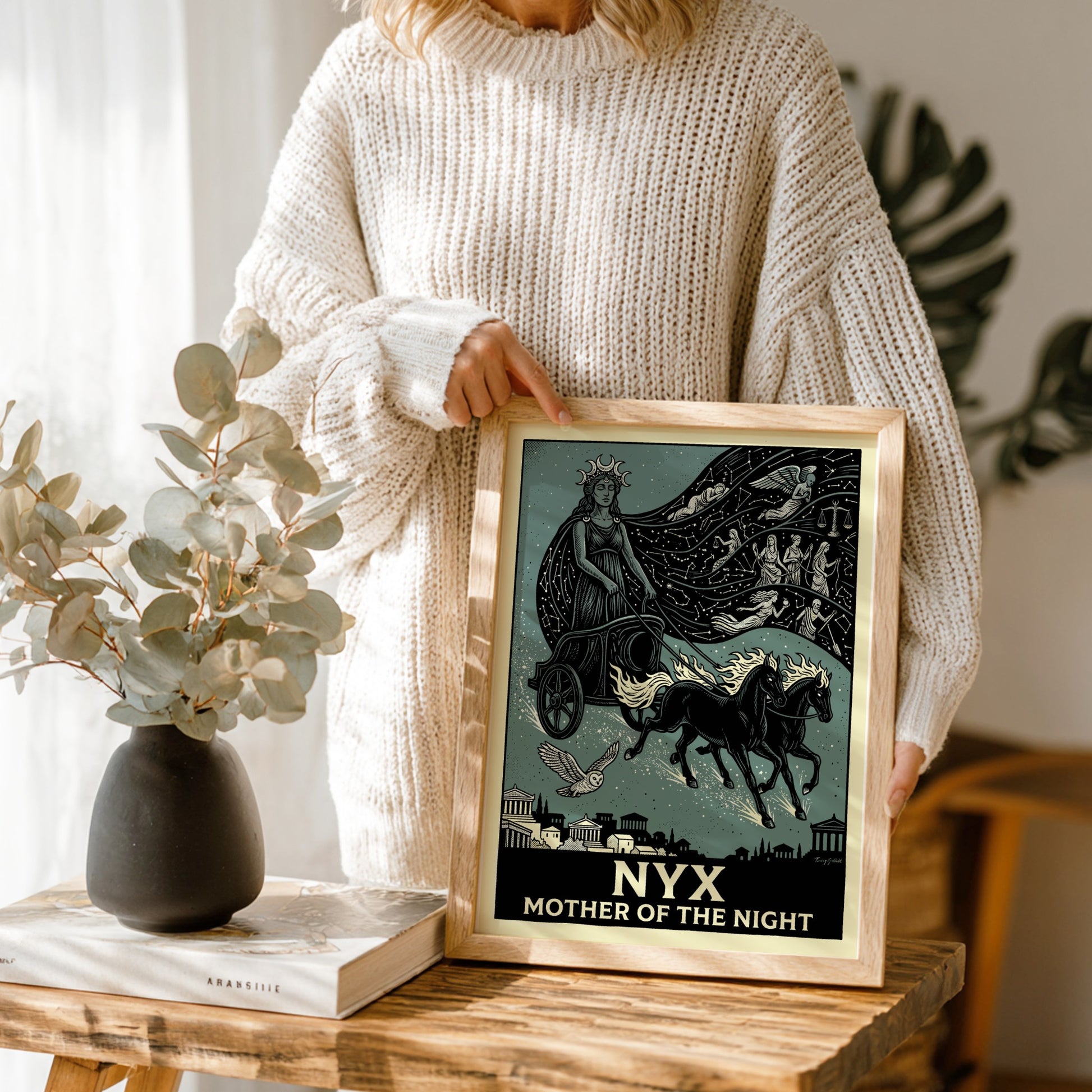 Nyx Greek mythology poster featuring the goddess of night in a chariot with constellations and celestial