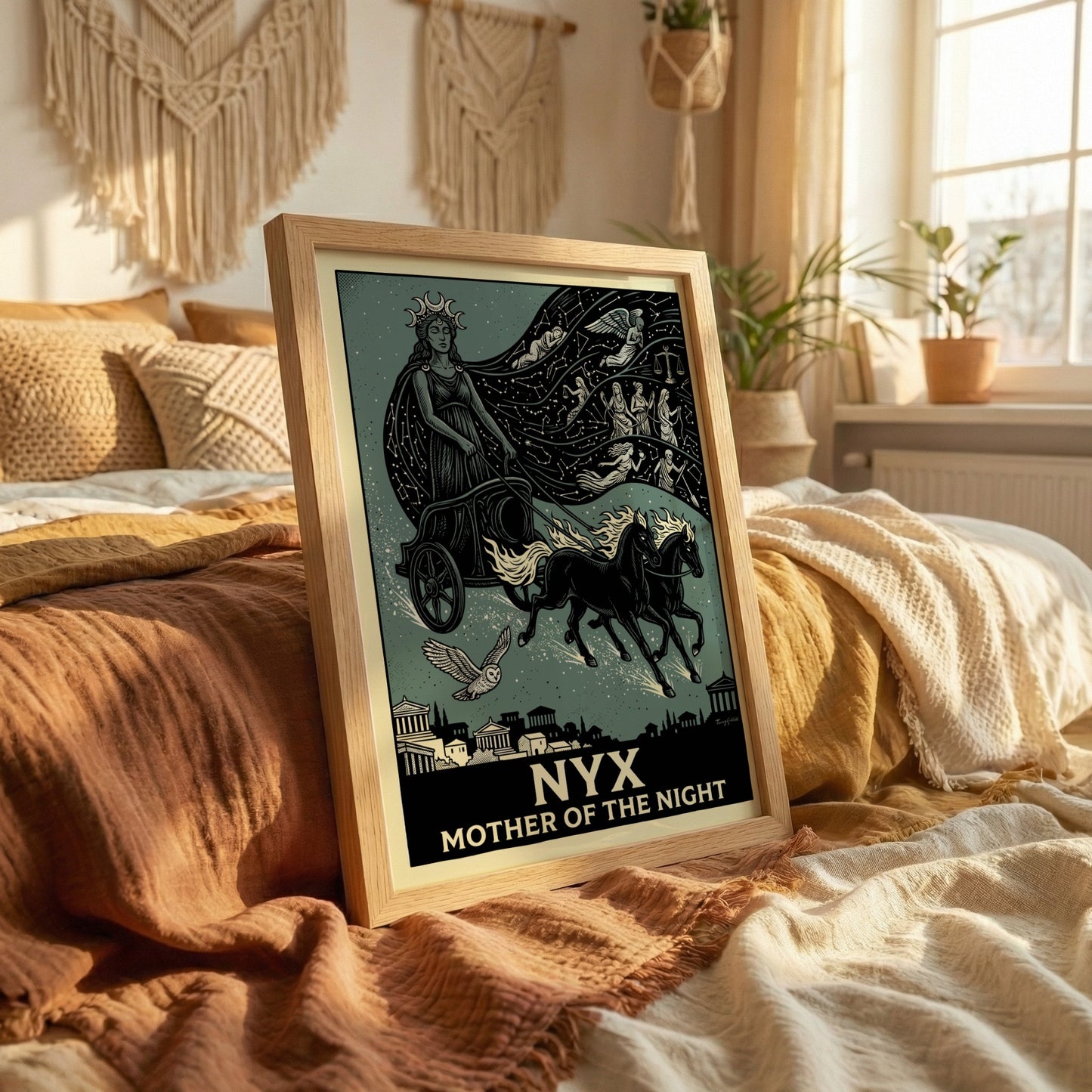 Nyx Greek mythology poster featuring the goddess of night in a chariot with constellations and celestial