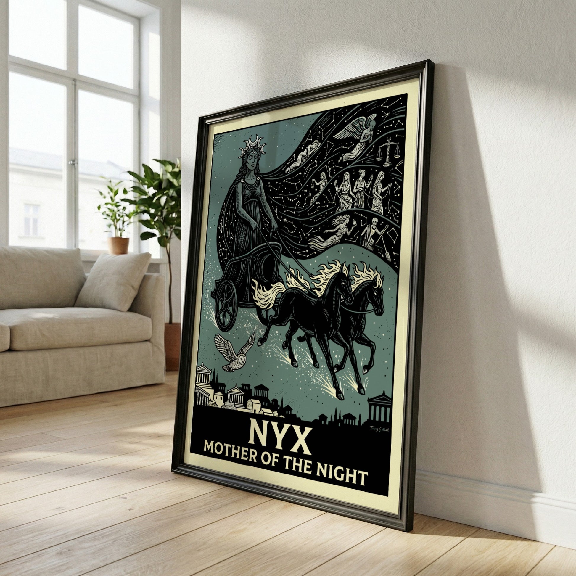 Nyx Greek mythology poster featuring the goddess of night in a chariot with constellations and celestial