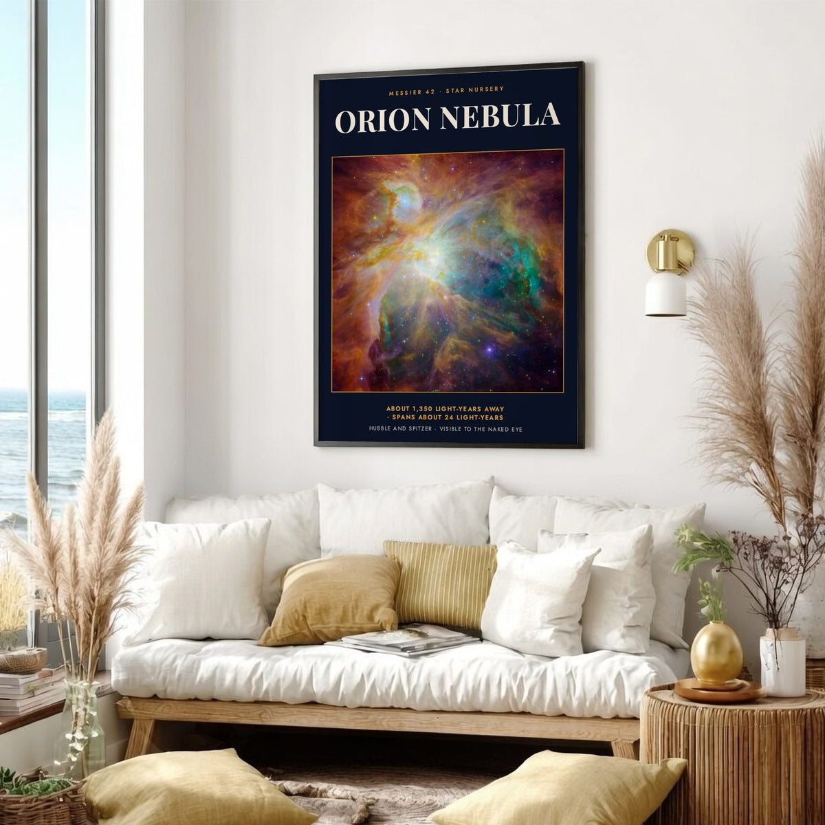 Poster of the Orion Nebula showing vibrant orange and teal clouds with distant stars