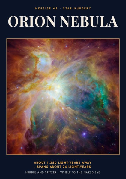 Poster of the Orion Nebula showing vibrant orange and teal clouds with distant stars