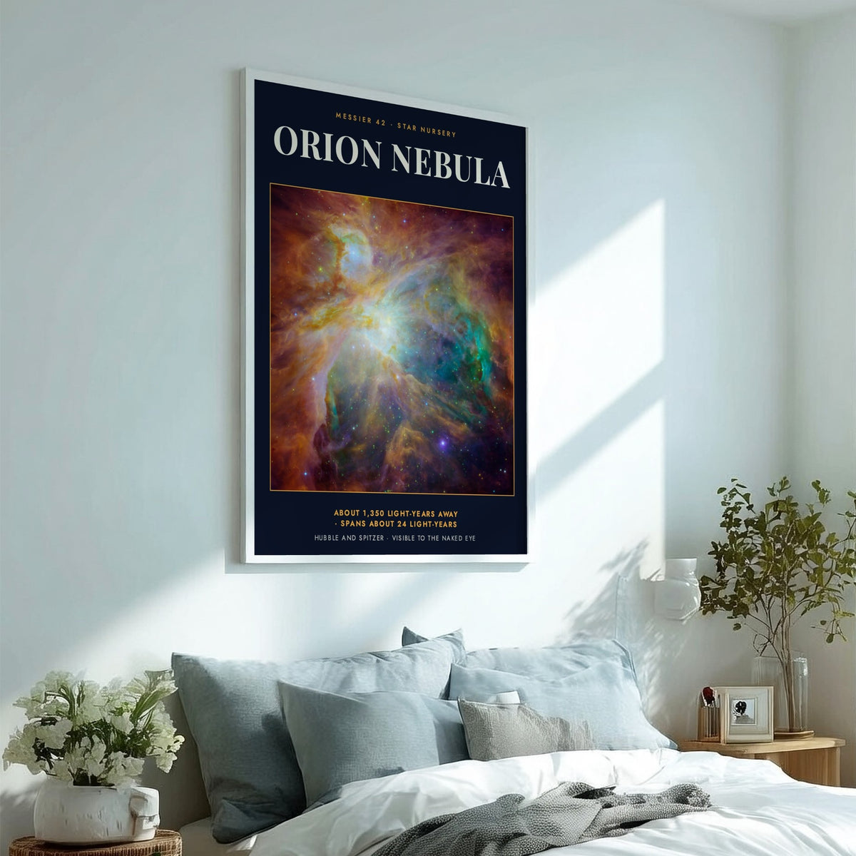 Poster of the Orion Nebula showing vibrant orange and teal clouds with distant stars