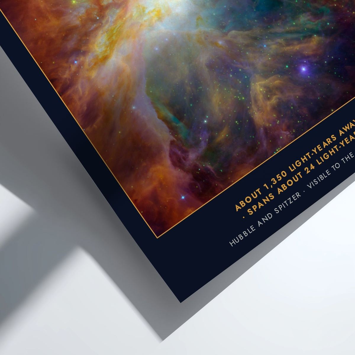 Poster of the Orion Nebula showing vibrant orange and teal clouds with distant stars