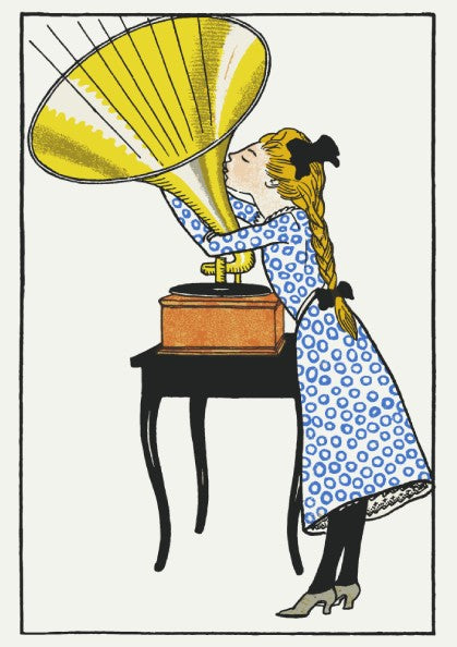 O, Caruso! poster by Moriz Jung, vintage illustration of a girl listening to a gramophone, Art Nouveau style.