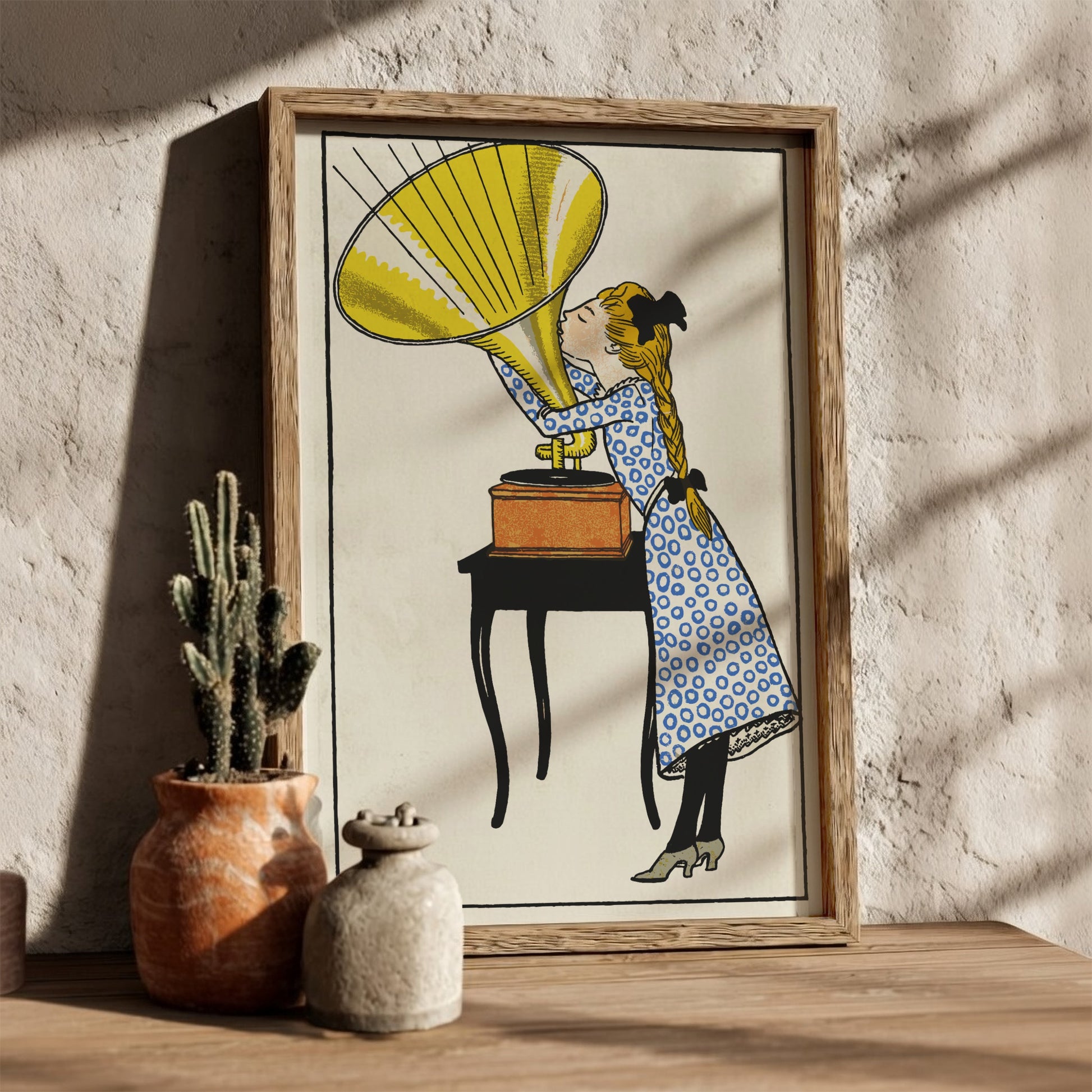 O, Caruso! poster by Moriz Jung, vintage illustration of a girl listening to a gramophone, Art Nouveau style.