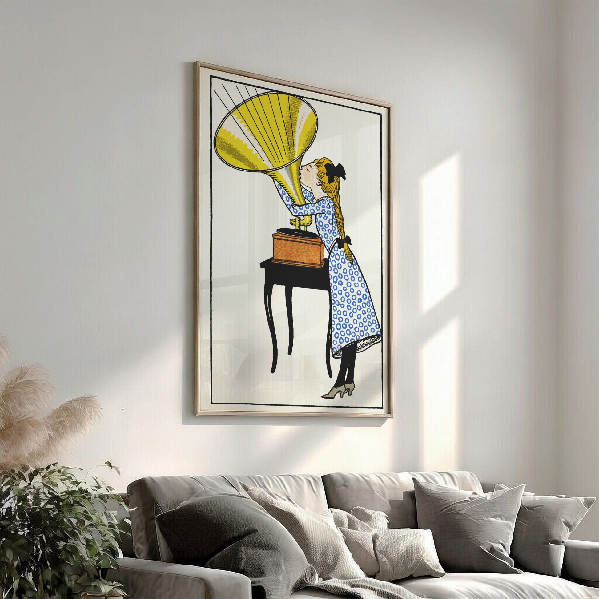 O, Caruso! poster by Moriz Jung, vintage illustration of a girl listening to a gramophone, Art Nouveau style.