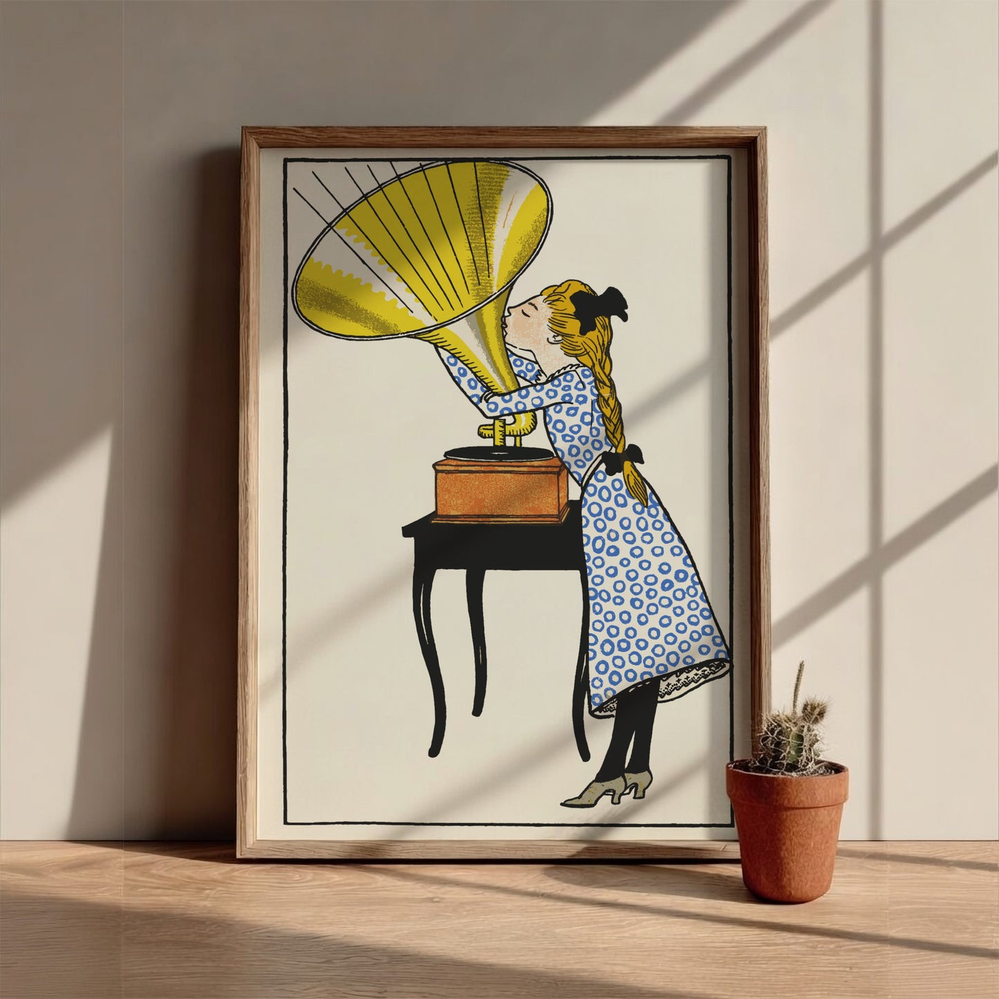 O, Caruso! poster by Moriz Jung, vintage illustration of a girl listening to a gramophone, Art Nouveau style.