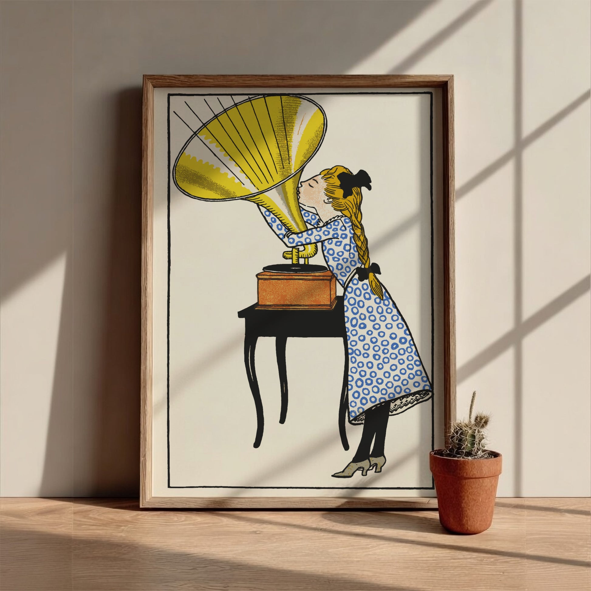 O, Caruso! poster by Moriz Jung, vintage illustration of a girl listening to a gramophone, Art Nouveau style.