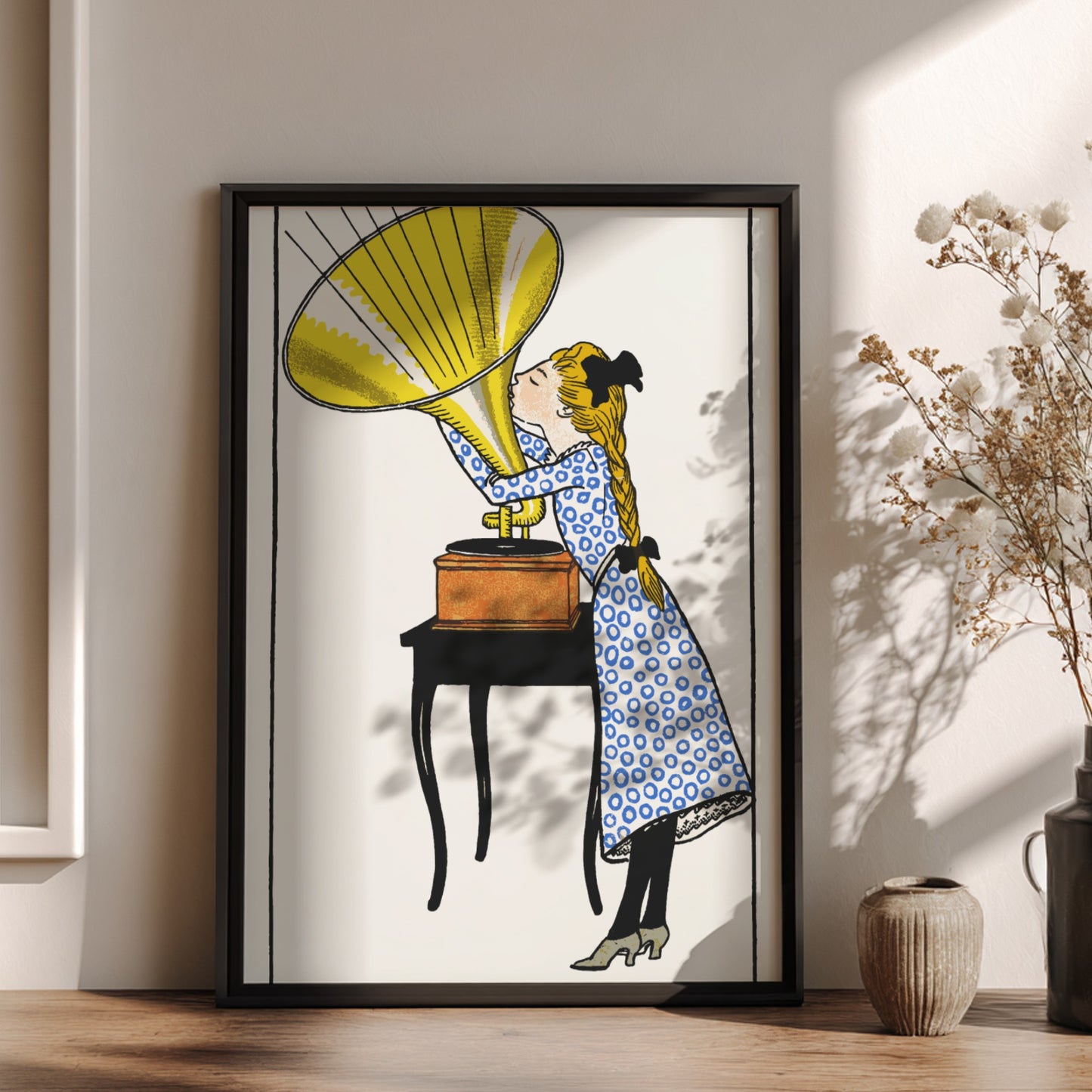 O, Caruso! poster by Moriz Jung, vintage illustration of a girl listening to a gramophone, Art Nouveau style.