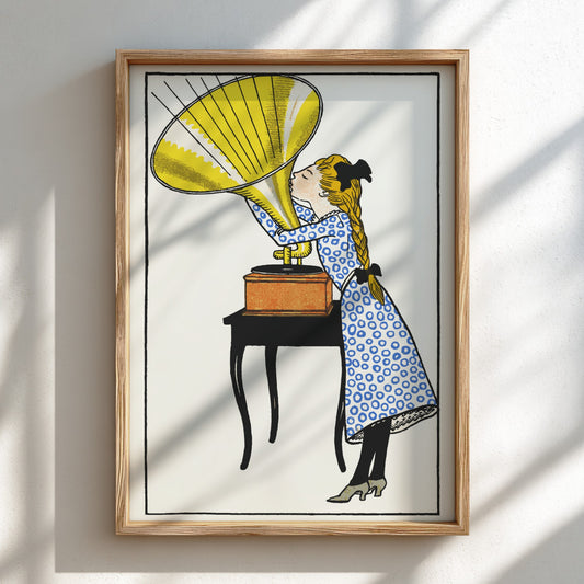 O, Caruso! poster by Moriz Jung, vintage illustration of a girl listening to a gramophone, Art Nouveau style.