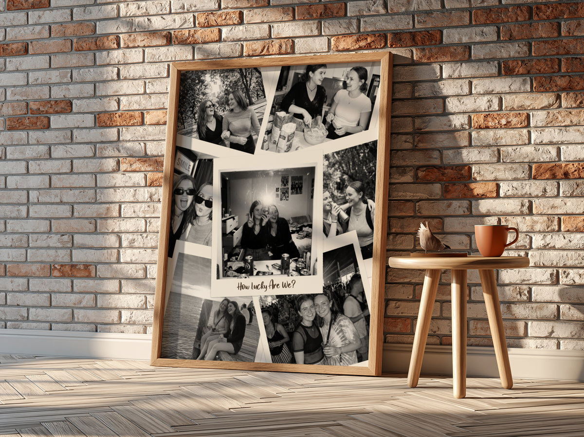 Personalised Scattered Polaroid Photo Collage Print in an oak frame against a brick wall
