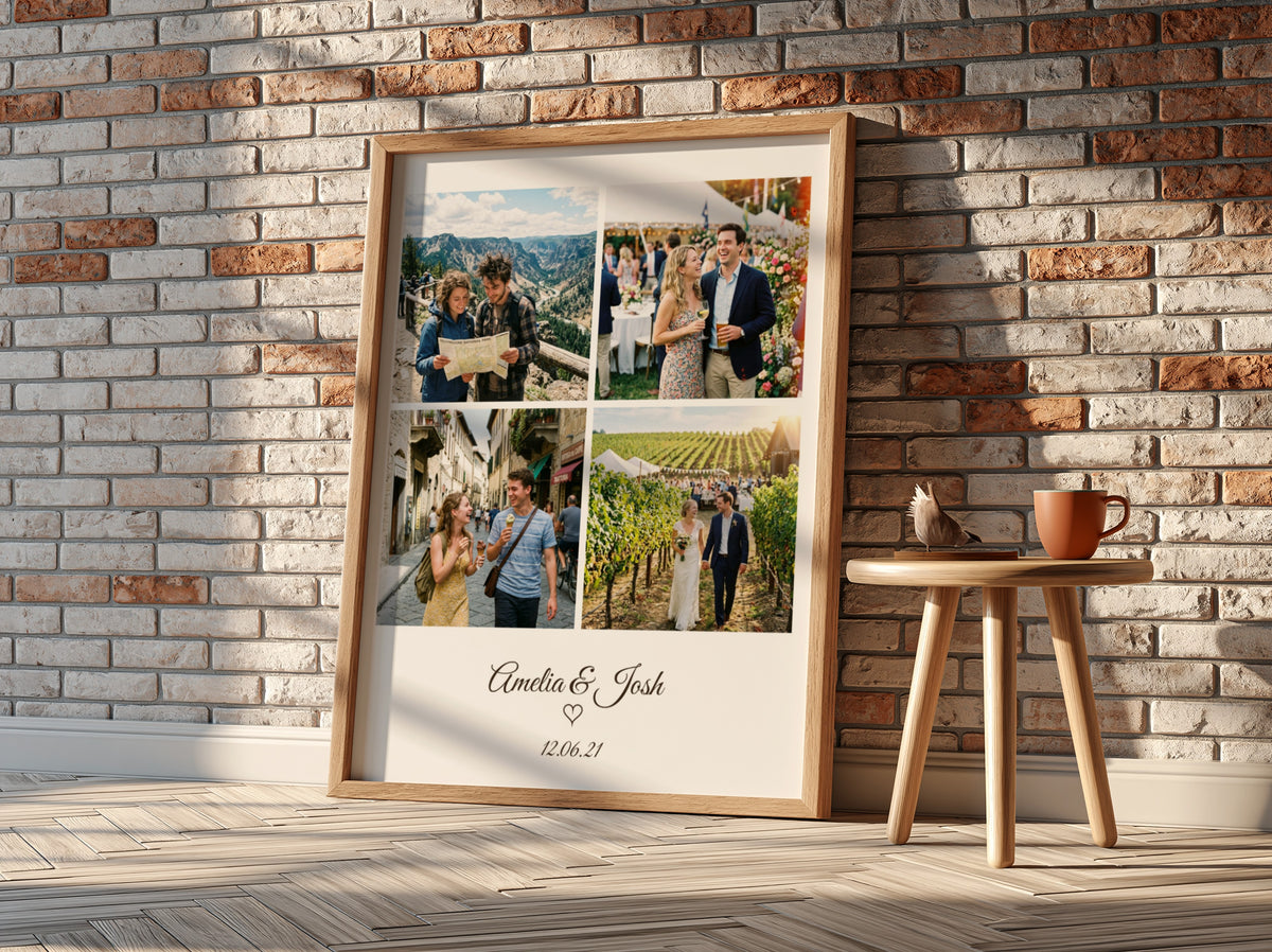 Personalised Photo Grid and Date Poster in an oak frame against a brick wall