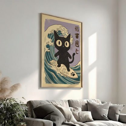 Black Cat Surfing Poster – Funny Retro Japanese Surf Wall Art Print